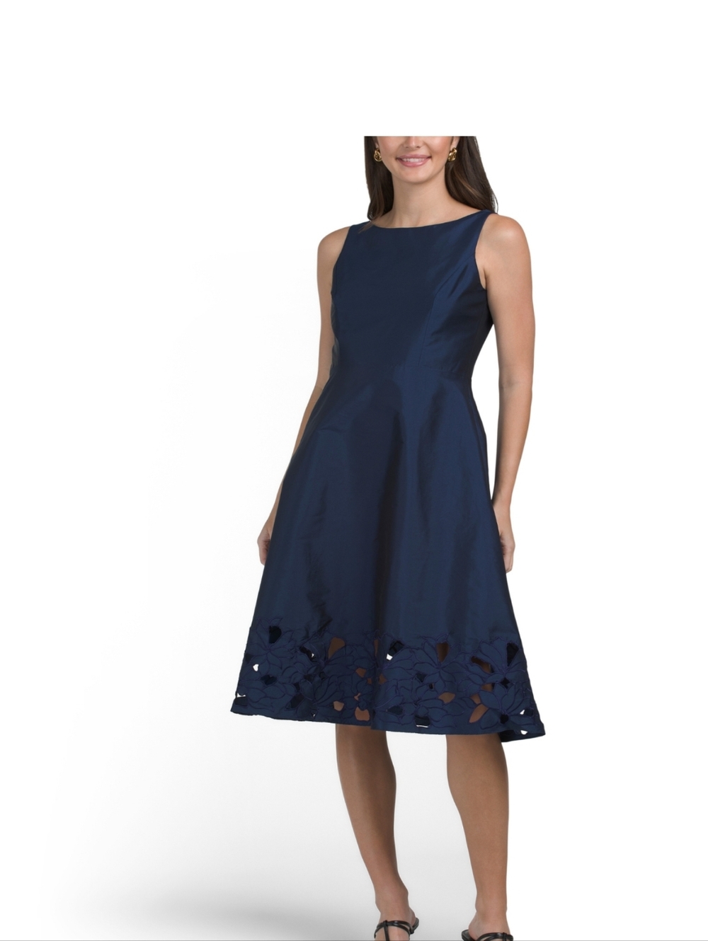 Adrianna Papell Size 14 Navy Sleeveless A-Line Midi Dress with Laser-Cut Hem